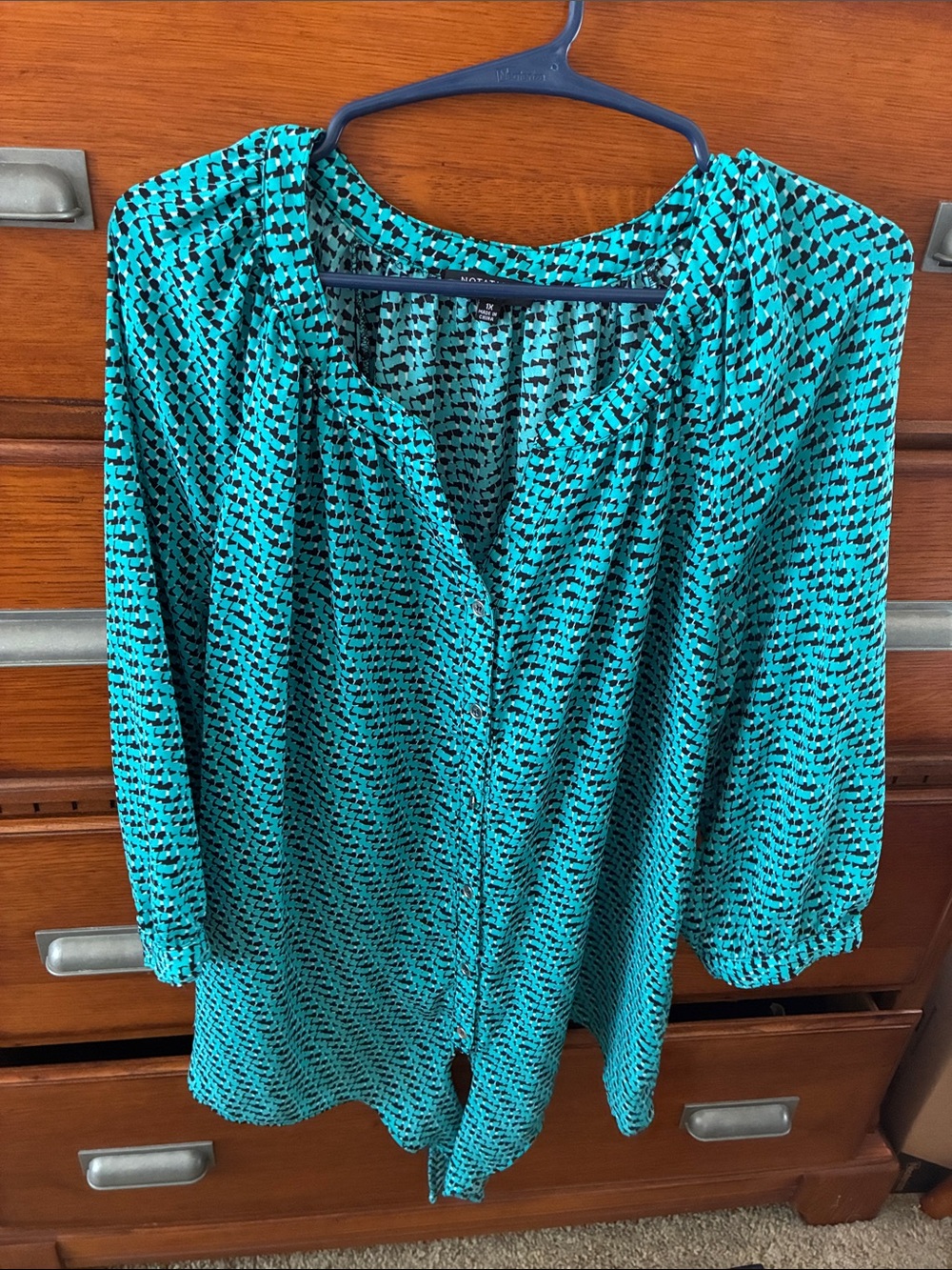 Bay Studio Teal and Black Printed Button-Front Blouse